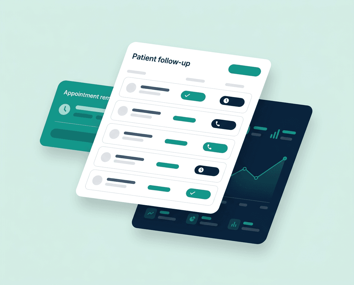 Illustration of a patient follow-up queue floating above an analytics dashboard